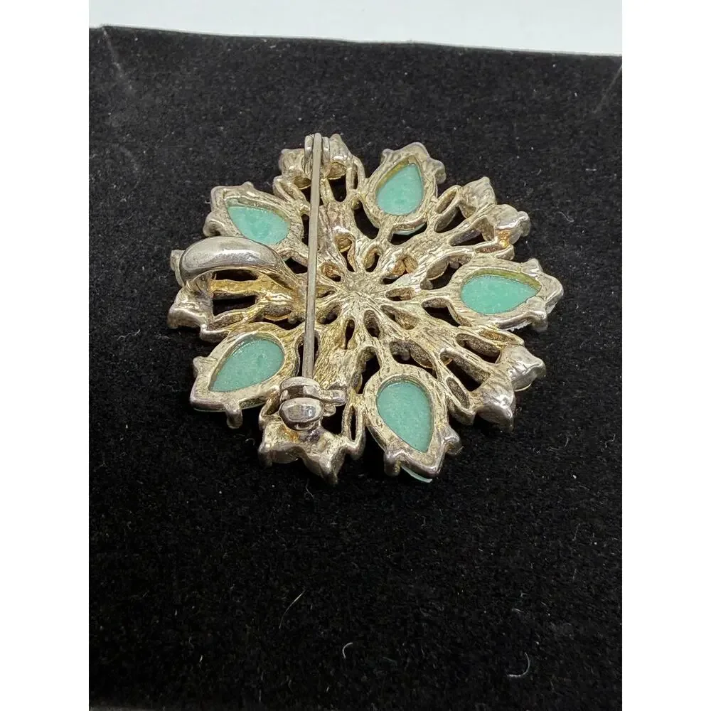 VINTAGE Brooch Pendant Aqua Rhinestone Seafoam Starburst Floral Gold Tone Pin